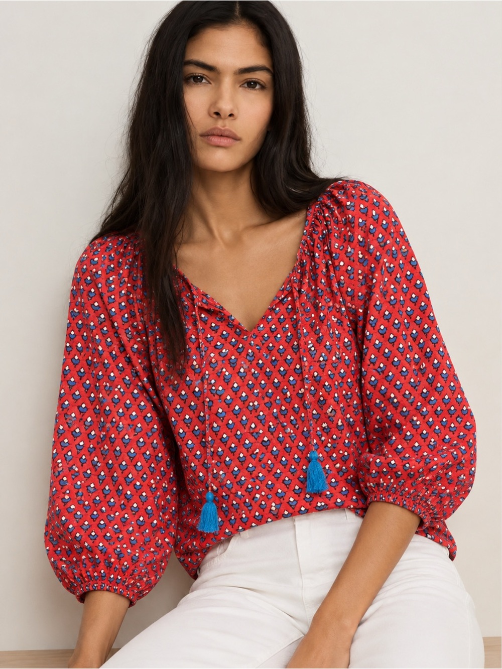 J crew 100% cotton Womens Red Printed Peasant Blouse with Tassel Tie